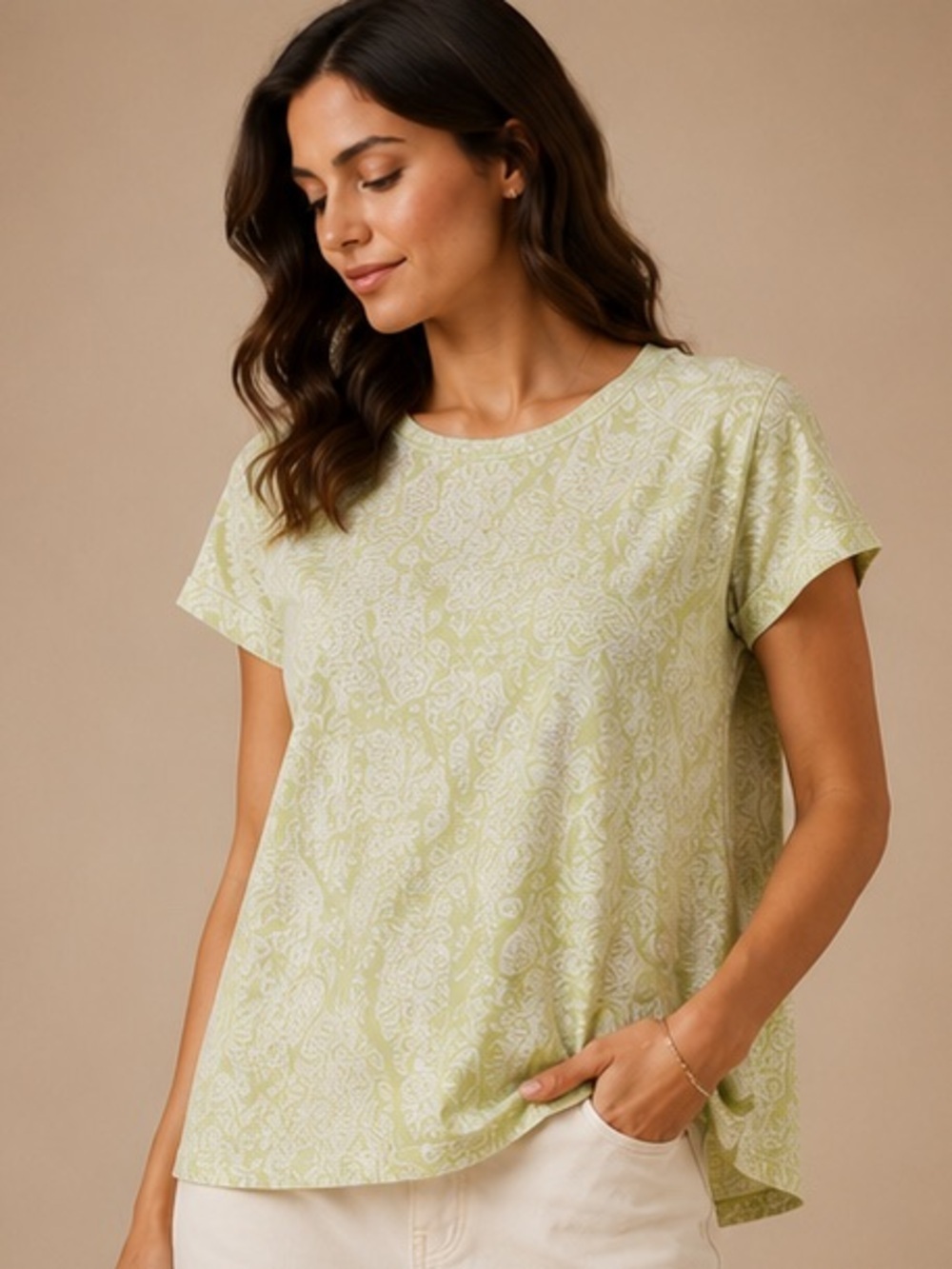 Basic Editions XXL Green Paisley Print Short Sleeve Top Casual Classic Tee